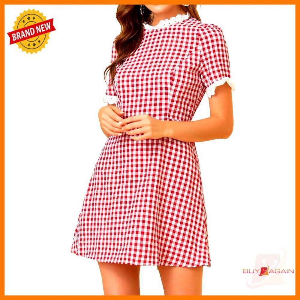 Gingham Mini Dress with Lace Panel Short Sleeve Crew Neck Retro Party Wear